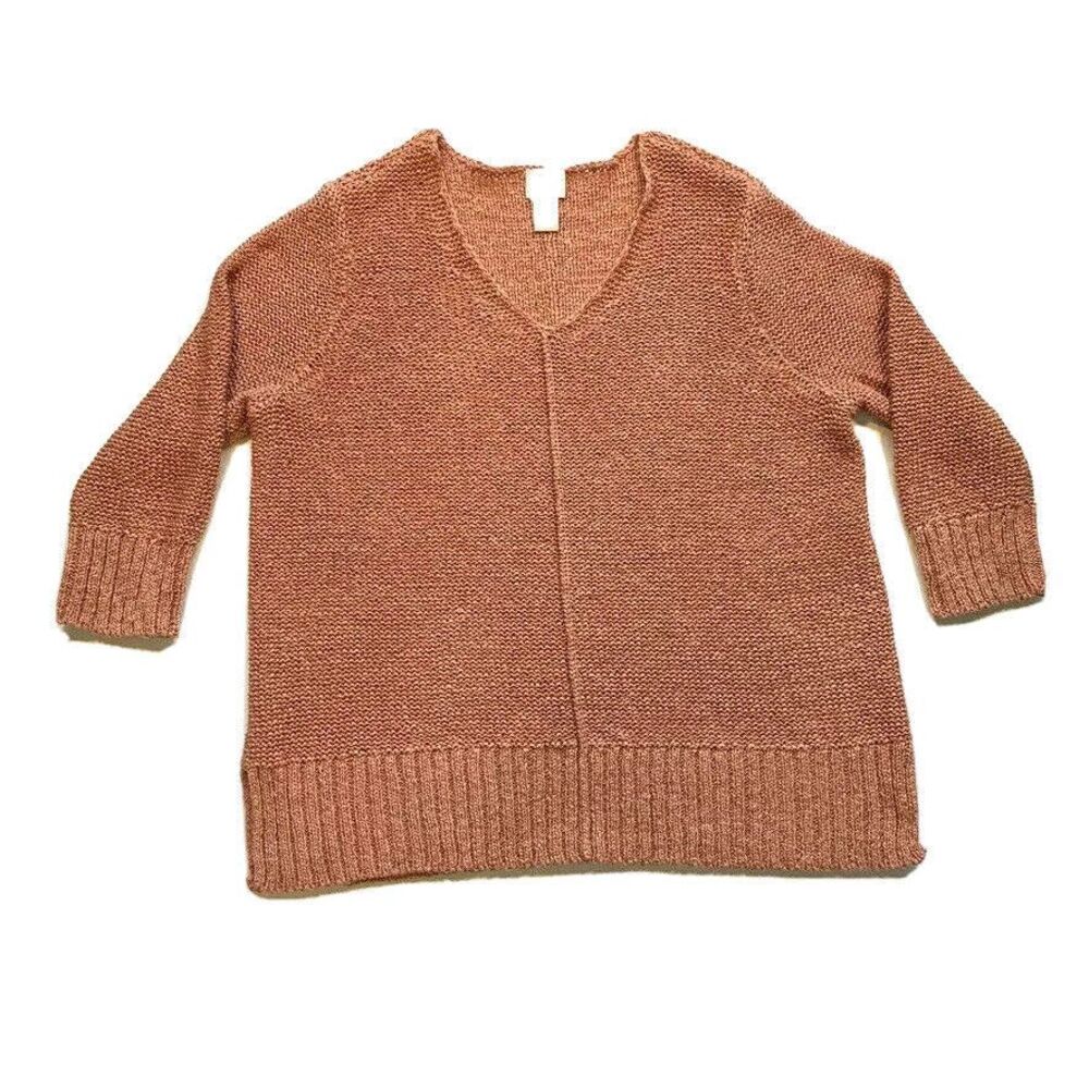NEW Chico's Chunky Open Knit Sweater Womens 1 V Neck Cotton Blend 3/4 Sleeve